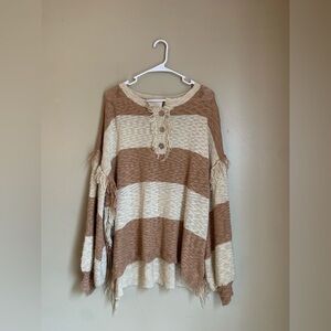 Fantastic fawn sweater striped oversized thin knit boho coastal oversized fringe